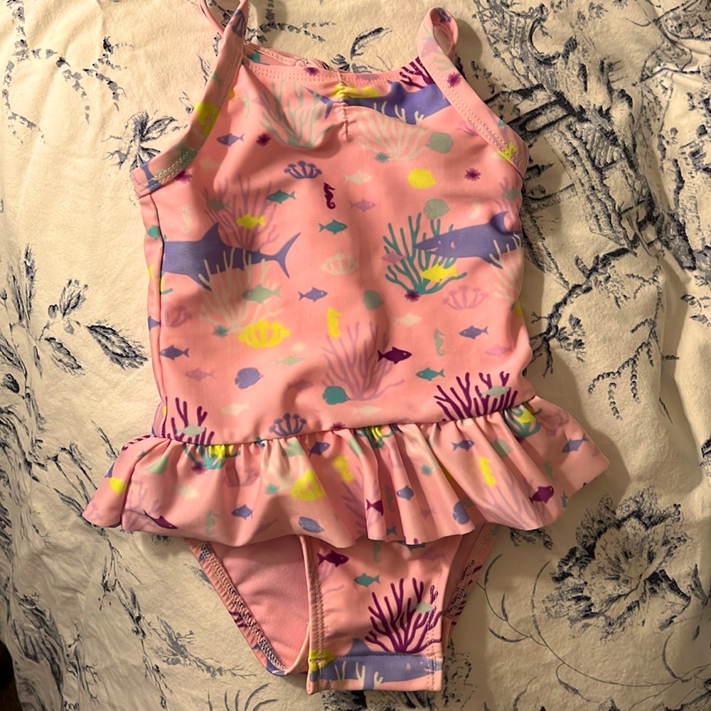 Like New Cat & Jack Baby Girl Pink Shark Peplum One Piece Swimsuit - Size 12 m